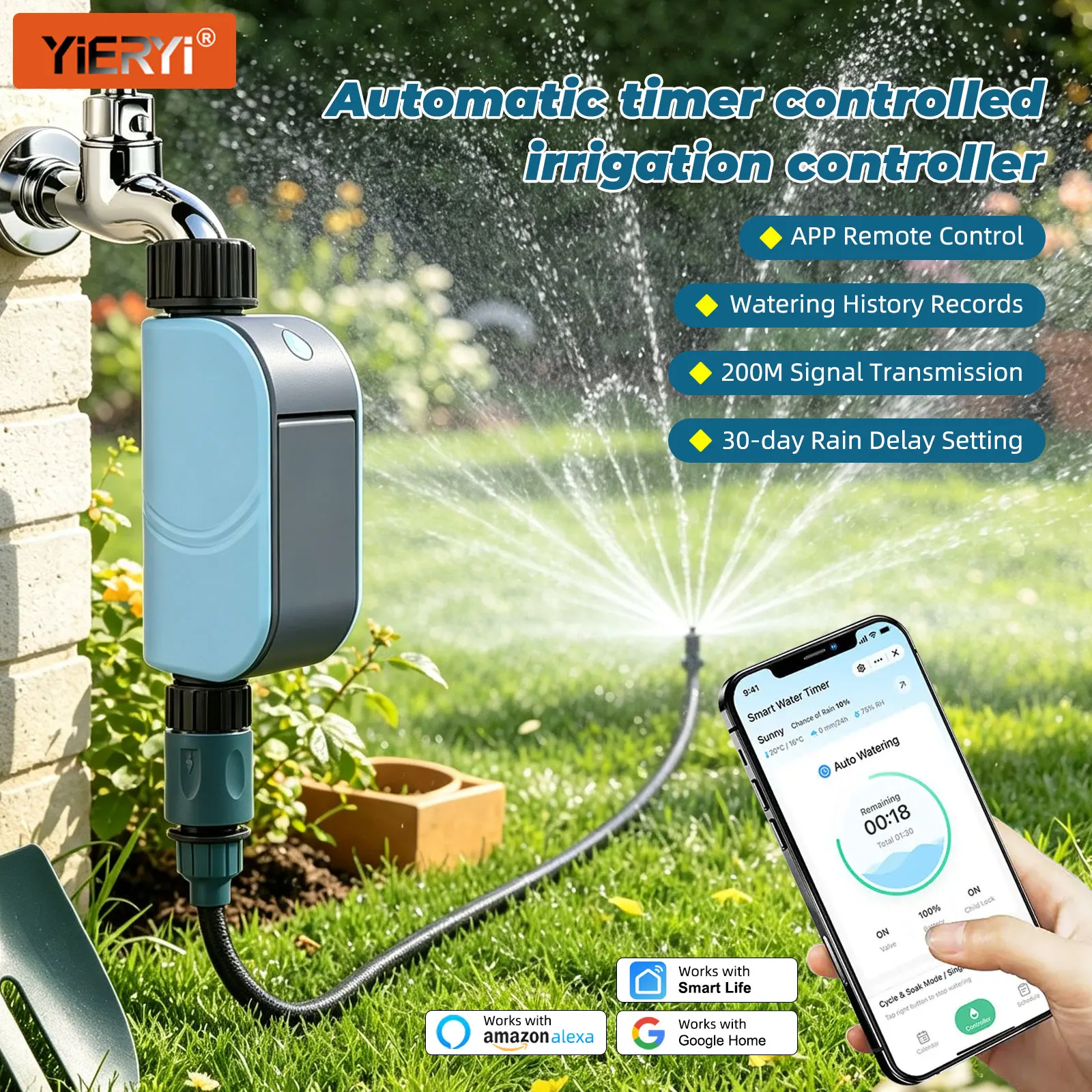 

YIERYI Smart Water Timer Wi-Fi Outdoor Garden Automatic Irrigation Controller IP65 Waterproof Rain Delay Work with Smart Life