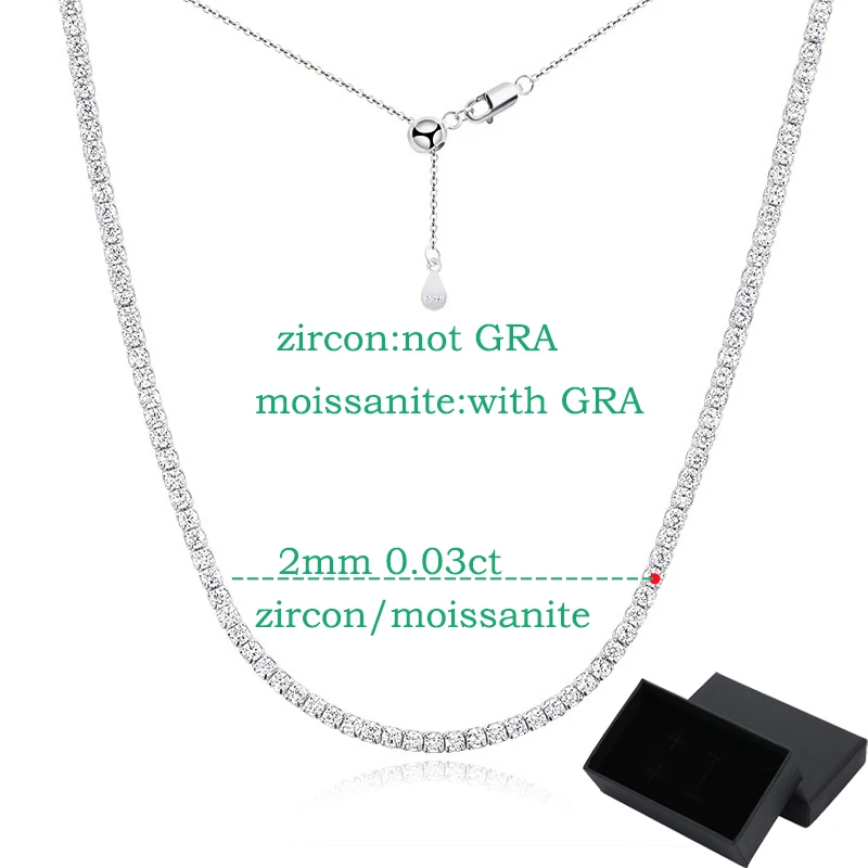 Smyoue Each 2mm All Zircon/moissanite Tennis Necklace for Women Man Adjustable Choker Chain 100% 925 Sterling Silver Jewelry