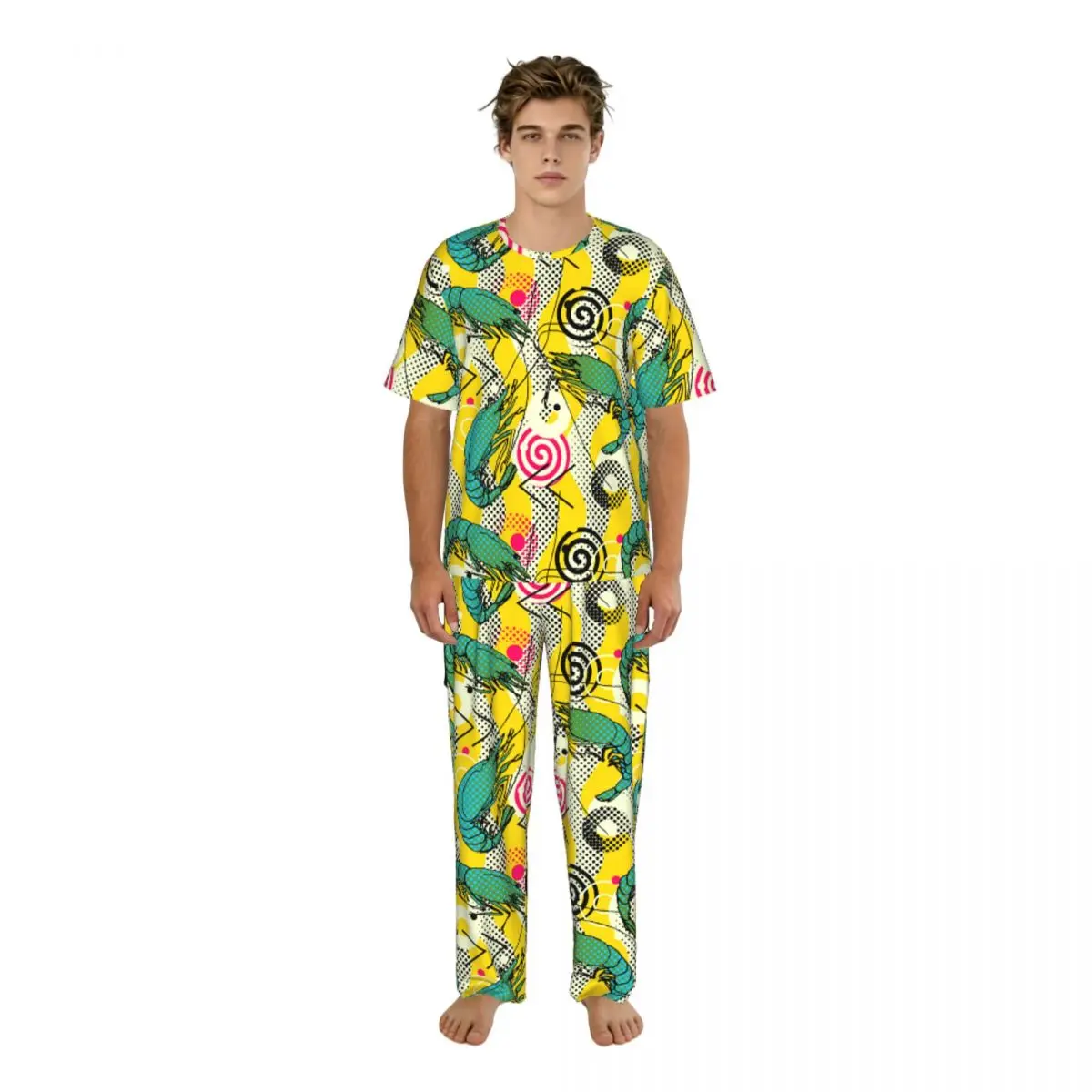 Men Pajamas Suit Short Sleeved Long Pants Shrimps Sketch Geometric Waves Pattern Sleepwear Summer Home Clothing Set