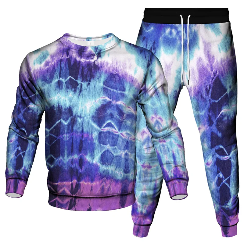 Colorful Vortex Tie Dye 3D Print Men Sportswear Set Long-Sleeved T Shirt Pants 2-Piece Set Oversized Pullover Men Clothing