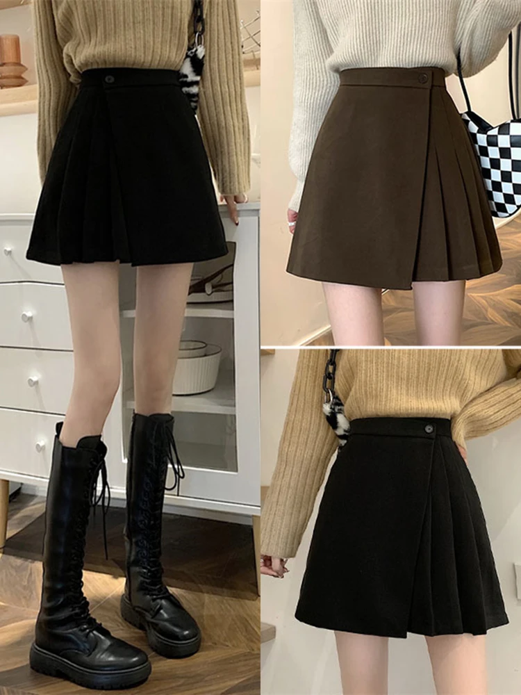 Plus size Coffee Color Woolen Skirt Women's Autumn Irregular Short dress Belly Covering Hip Skirt High Waist A- line Skirt Pl...