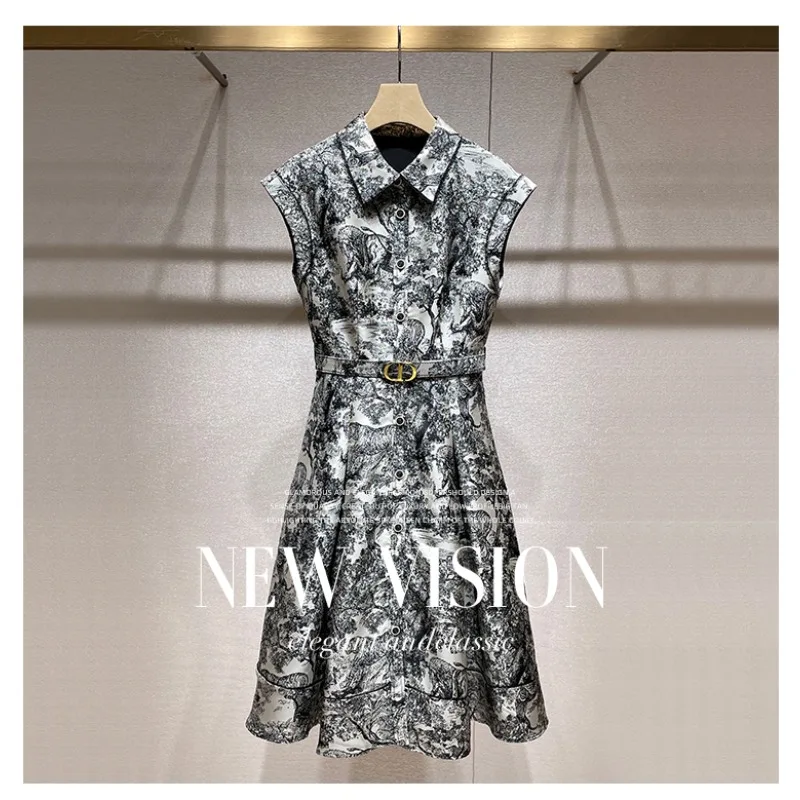 2025 temperament dress summer new retro ink painting sleeveless vest skirt waist a-word shirt skirt