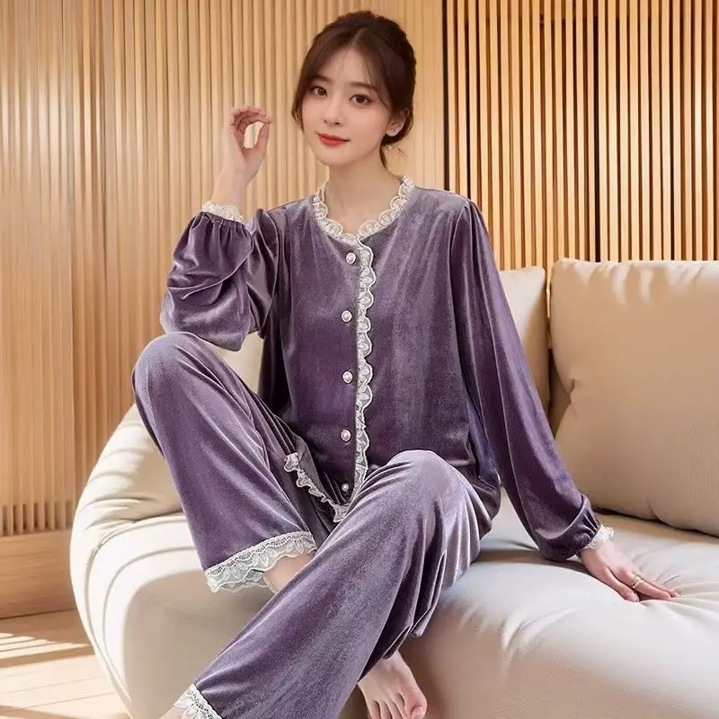 Winter Golden Velvet Pajamas Women's Ensemble Femme 2 Pièces Lace Luxury High-end Long-sleeved Trousers Sleepwear Large-size 4xl