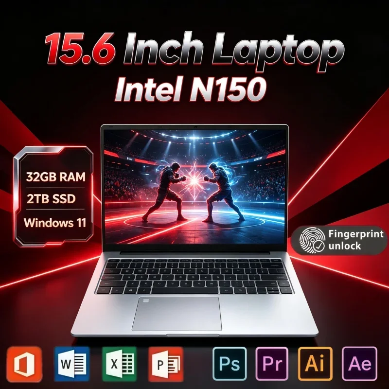 15.6 Inch Thin Portable Laptop Intel N150 32GB RAM 2TB SSD Windows11 Fingerprint Unlock Everyday Notebook Computer