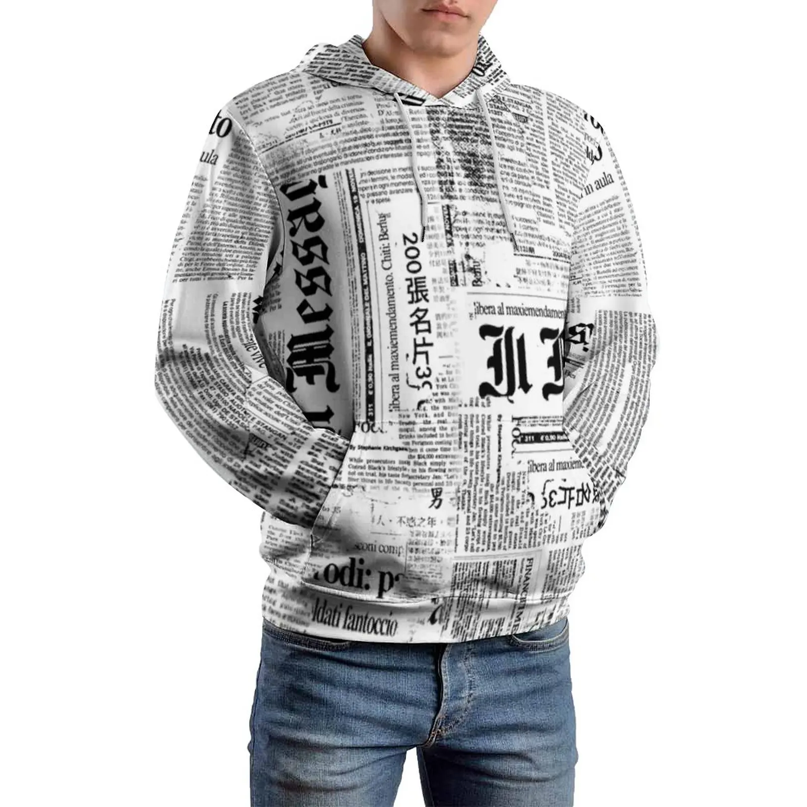 

Grunge Newspaper Loose Hoodies Black And White Street Wear Hoodie Long Sleeve Aesthetic Pattern Sweatshirts Plus Size 4XL 5XL