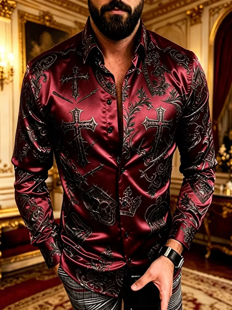 New wine red shiny surface thorny cross skull print long sleeved shirt Baroque retro personality men's shirt