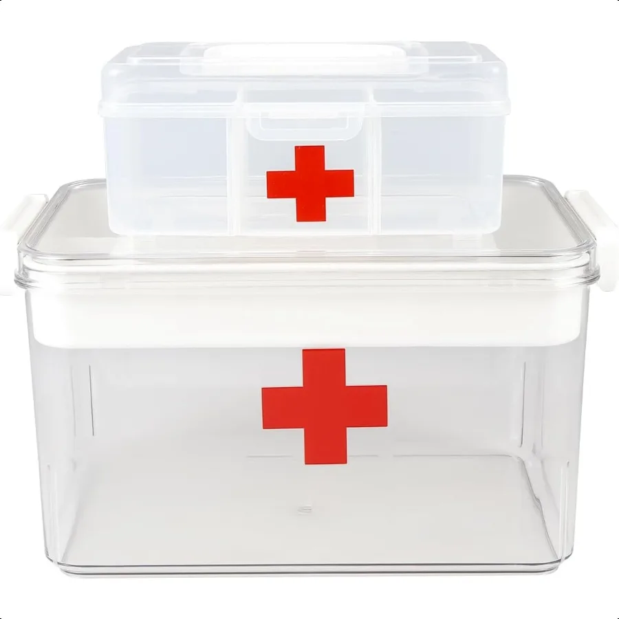 Home First Aid Box and Travel Medicine Storage Box Plastic Medicine Kit Case Container Empty Medical Box with Lock Lid Handle E