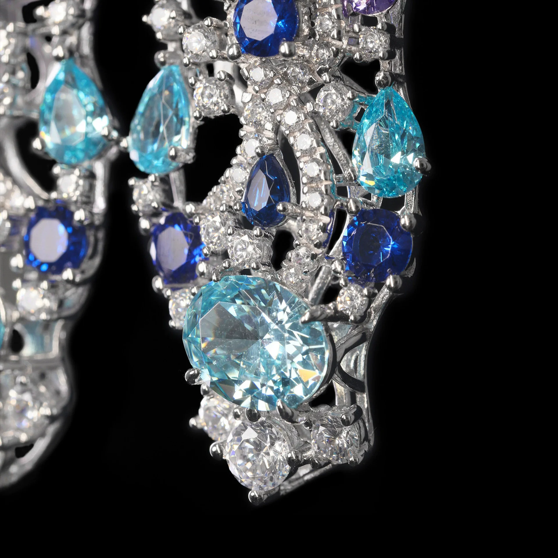 KQDANCE Vintage Duże Kolczyki Wiszące Koktajlowe z Srebra Próby 925 z Syntetycznym Szafirem Paraiba 7,2 CT i Diamentami Wysokowęglowymi, Elegancka Biżuteria Nowa