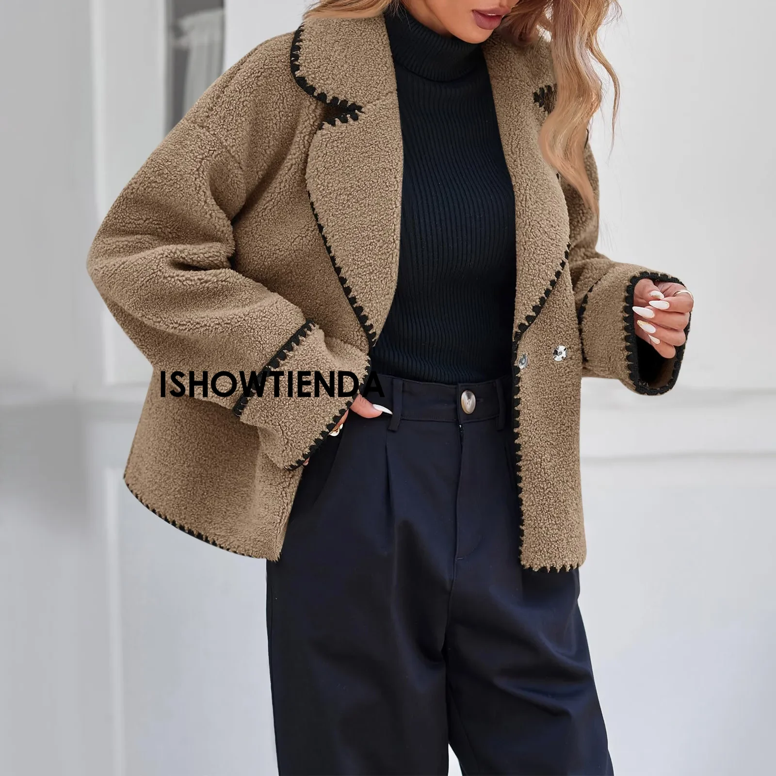 Autumn New Women's Coat Wear European And American Style Coat Casual Jackets One Piece Lamb Wool Contrast Color Plush Warm Jack