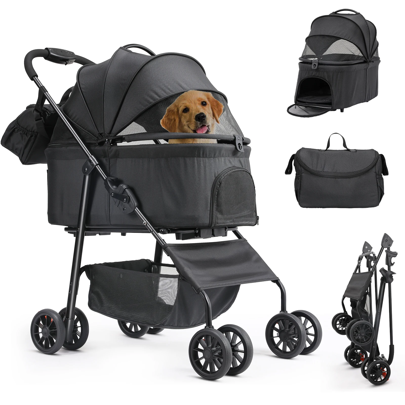 Kinderwagen voor honden en katten, afneembare reistas en autostoeltje voor huisdieren, aluminium frame 4-wieler reiskinderwagen voor huisdieren