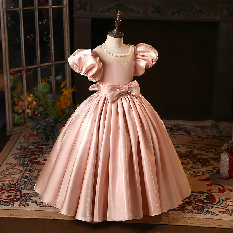 ピンクのシャーリングショートランタンパフスリーブプリンセスフラワーガールドレス、結婚式用、ボウパール付きOネック、ファーストコミュニオンドレス