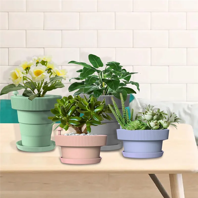 Outdoor Or Indoor Flower Pots With Self-Watering Function, Flower Pots With Drainage Holes And Plates Durable Pink