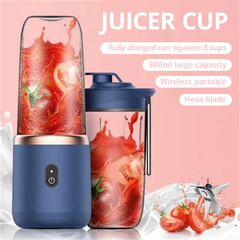 1pc Blue/Pink Portable Small Electric Juicer Stainless Steel Blade Cup Juicer Fruit Automatic Smoothie Blender Kitchen Tool