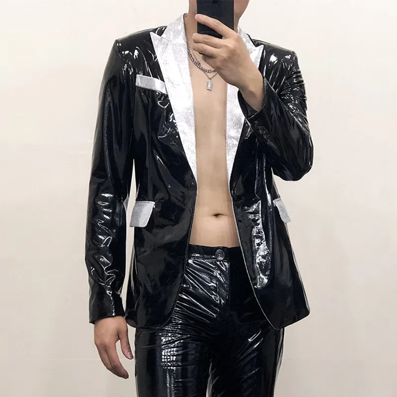 

Customized Men's Leather Blazer Black White Slim Fit Casual Party Suit Jacket Male Singer Nightclub Bar Concert Stage Coat