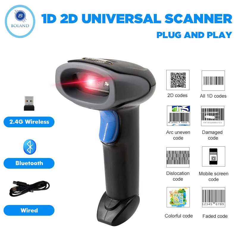 Lecteur de codes-barres 1D/2D Boland U8, scanner de codes QR, lecteur de codes-barres sans fil pour la gestion des caisses et des entrepôts des supermarchés