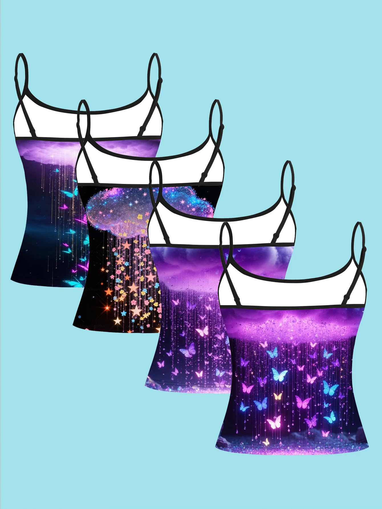 4-Piece Set of Neon Cloud Meteor Shower Butterfly Camisole Set with Starry Sky Fantasy Pattern for Women's Base Layer Tank Top