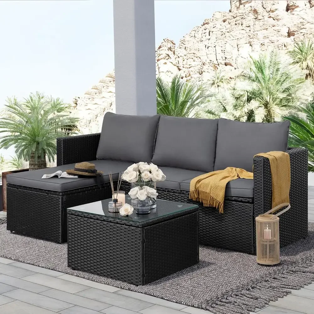

Outdoor Sectional Sofa Set with Detachable Cushions, Grey PE Rattan Patio Furniture with Glass Coffee Table & OttomanTime-limite