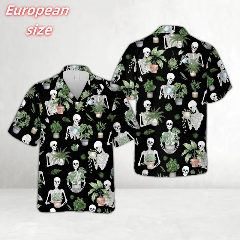 

Skeleton Plants Pattern Hawaiian Shirt For Men Fun Halloween 3D Printed Blouse Summer Short Sleeve Lapel Tops Aloha Shirts
