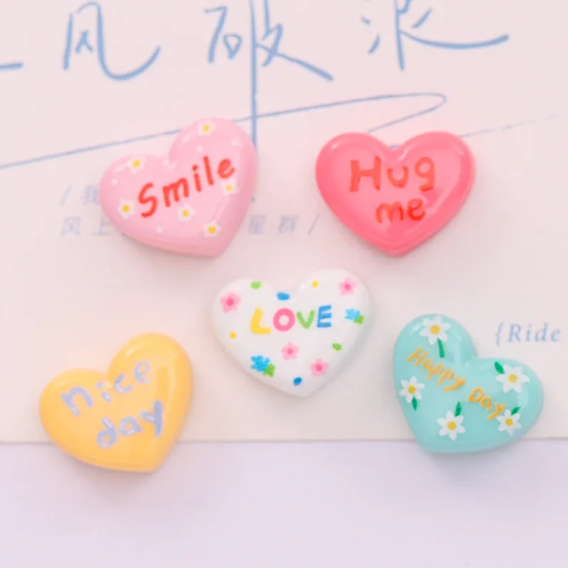 20pcs Resin New Heart Shape Cabohchons Colorful Smile Love Hug Me Nice Day Hearts Flat Back Ornaments 17mm Resin Slime Charms