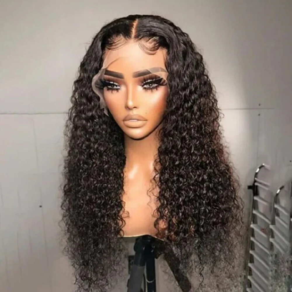 Long Soft 26Inch 180Density Kinky Curly Natural Black Deep Lace Front Wig For Women Babyhair Glueless Preplucked Daily