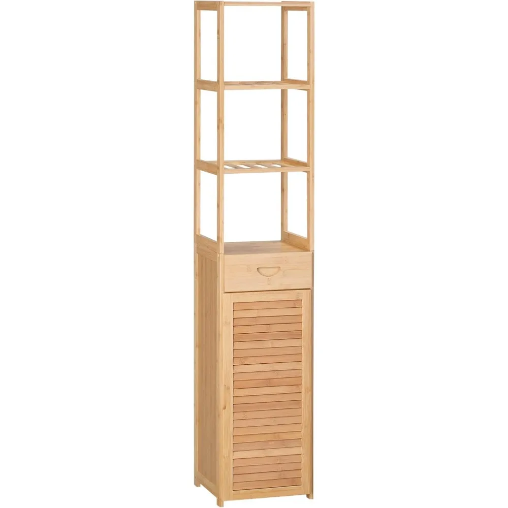 

Tall Bathroom Cabinet with Drawer and Slatted Shelves, Slim Bamboo Linen Tower with Louvered Door, Natural