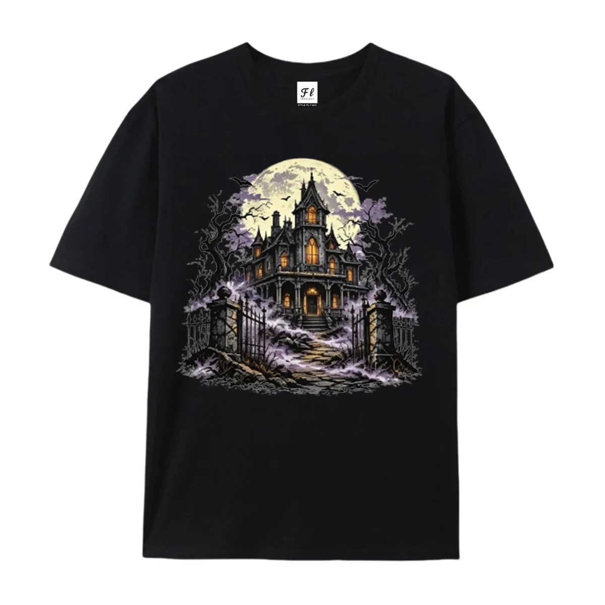 Men's Haunted House Halloween T-shirt Vintage Spooky Mansion Full Moon Bats Graphic Tee Gothic Horror Short Sleeve Cotton Shirt