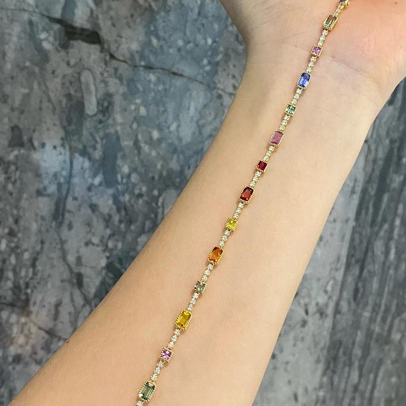 Aazuo Original 18K Yellow Gold Natrual Color Sapphire Real Diamonds Rainbow Bracelet For Woman Upscale Trendy Engagement Party view 6