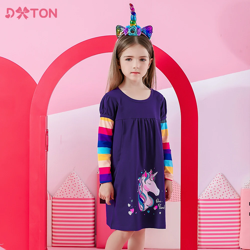 DXTON Kids Dress for Girls Autumn Winter Long Sleeve Cotton Dress Rainbow Unicorn Cartoon Print Casual Wear Children Clothes