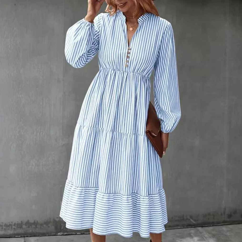 

Long Dress Women Dresses A Line High Waist Vestidos Streetwear V Neck Full Sleeve Striped Elegant Splice Y2k Work Summer 2025