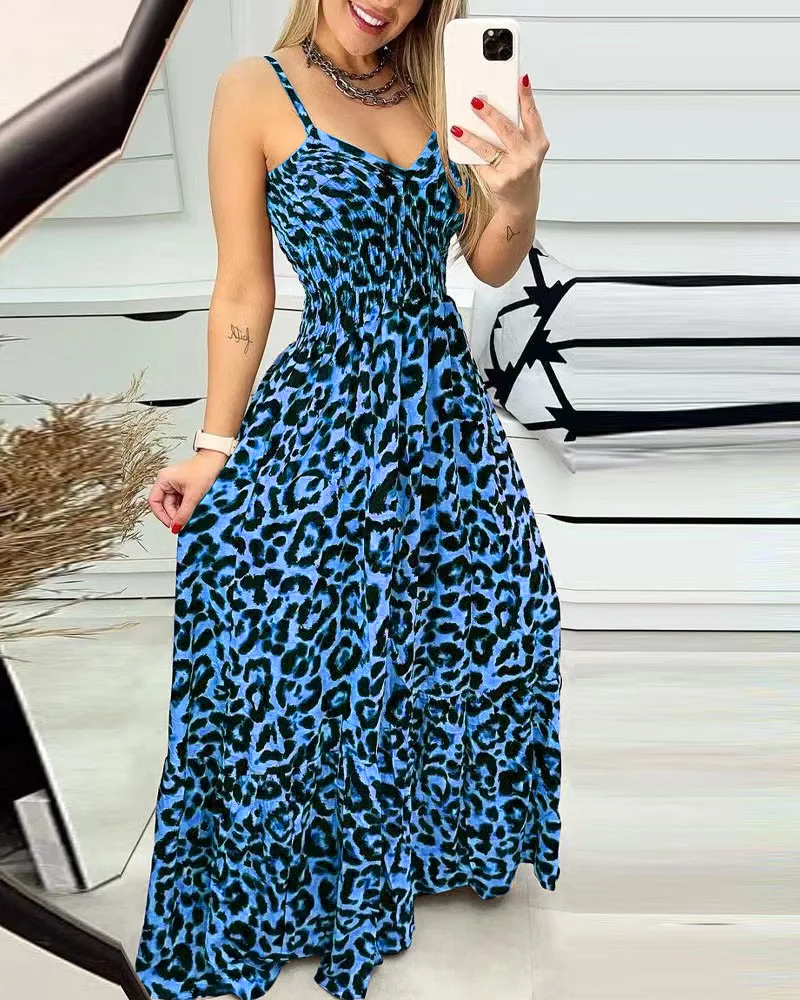 New leopard print suspender V-neck dress high waist skirt sexy temperament fashion long skirt foreign trade women\'s clothing