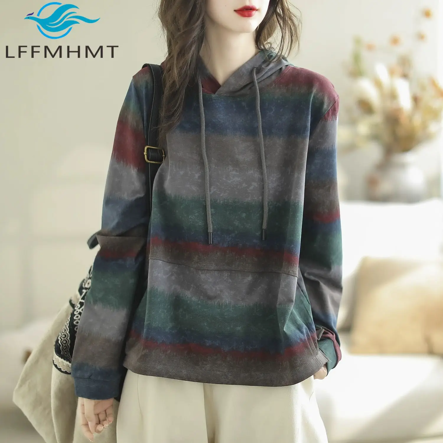 Spring Fall Fashion Women's Hoodie Sweatshirt Good Quality Gradient Color Striped Vintage Pullover Tops Female Loose Casual Coat