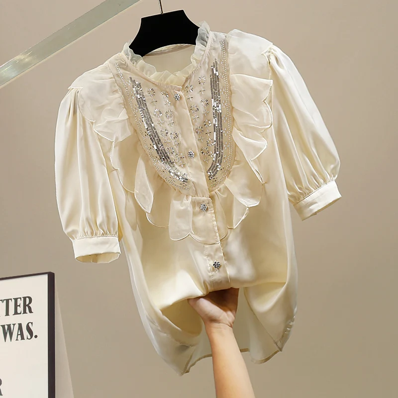 

Faionable Design Heavy Embroidery ort Sve Stand Collar Silk irt Korean Sle Bubble Sve Slim Fit Commute Sle