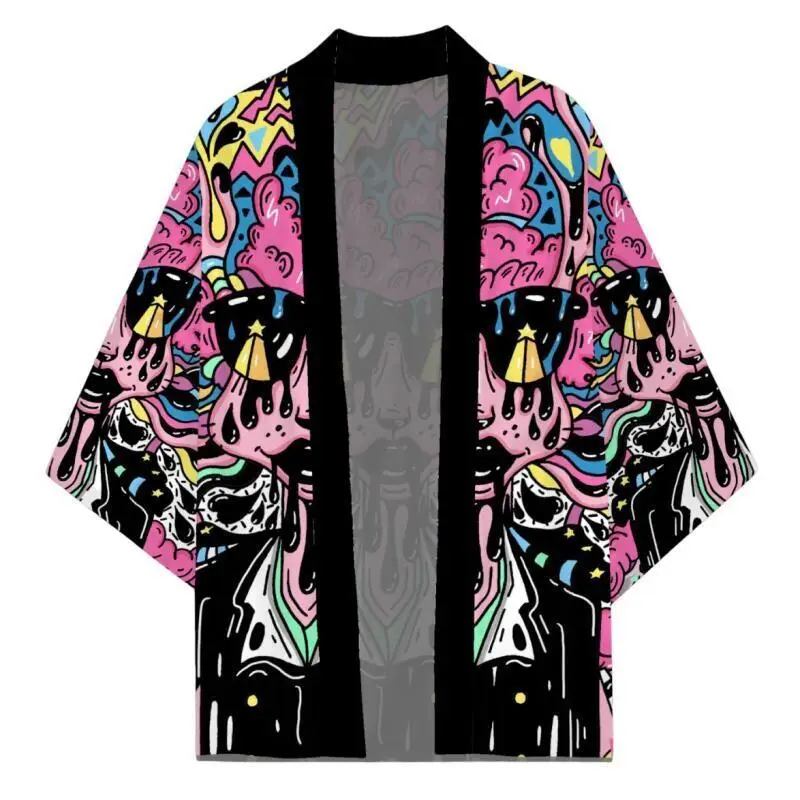 Men Graffiti Cartoon Print Open Front Kimono Cardigan Colorful Abstract Art Casual Loose Three Quarter Sleeve Hip Hop Streetwear