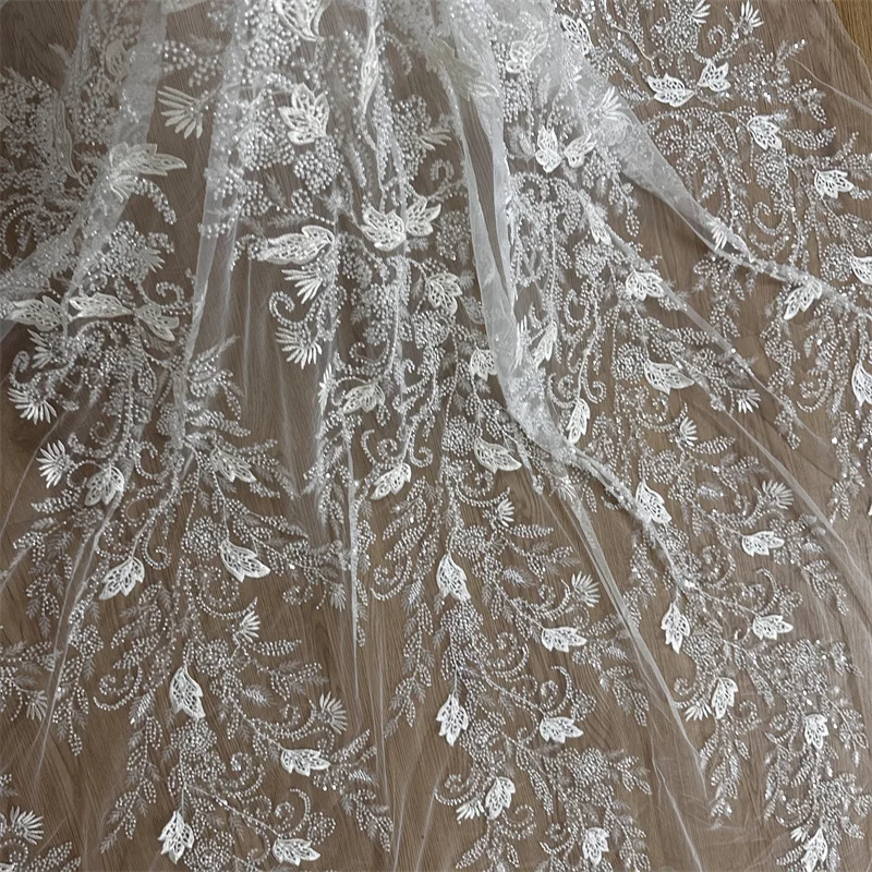 2024 New Fashion Off White Beads Pearls Embroidery Wedding Dress Lace Fabric Party Gown Heavy Sequins Fabric 1 Yard