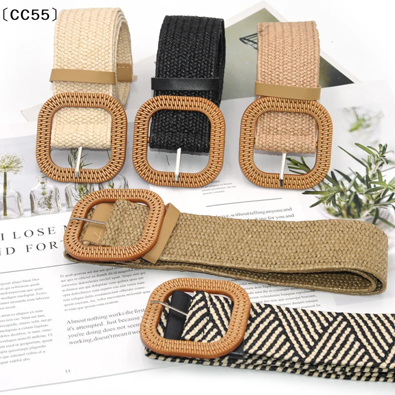 Women Braided Elastic Belt Round Square Wooden Buckle Vintage Bohe Straw Buckle Belt Summer Women Knitted Belt Dress Belt〔CC55〕