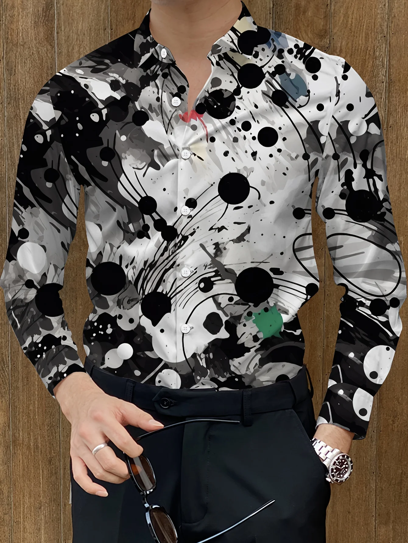 Men's Stylish Leopard Print Long Sleeve Shirt - Casual & Trendy, Polyester,  Perfect for Spring/Fall