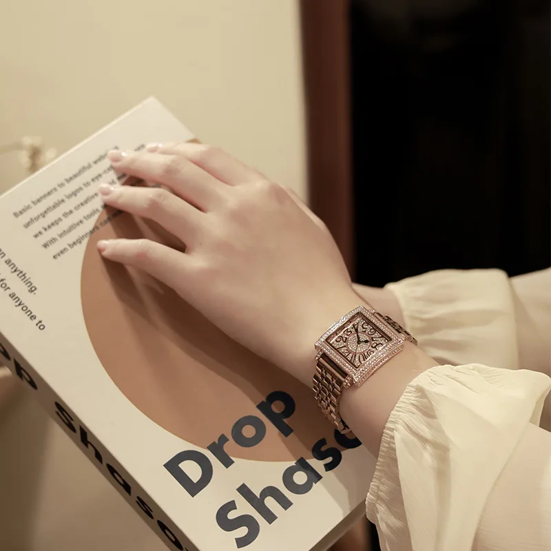 ساعة نسائية كلاسيكية مربعة ، الماس الكامل ، عالية الجودة ، الكوارتز ، الفاخرة ، العلامة التجارية العليا ، الأصلي ، مثلج خارج ، الفولاذ المقاوم للصدأ ، على مدار الساعة