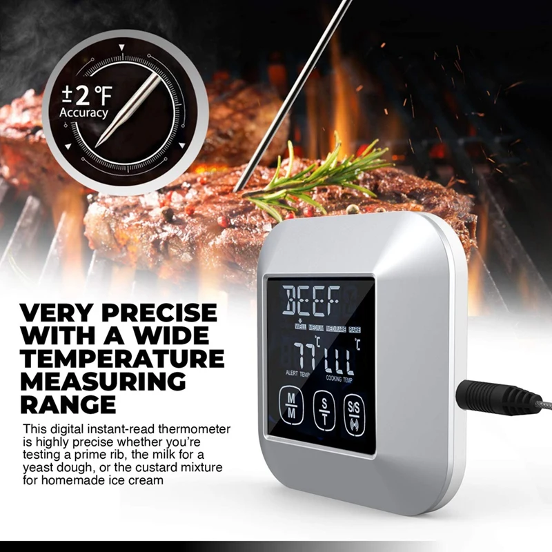 Digital Touch Screen Kitchen Thermometer For Meat Poultry Fish Long Wired Probe Cooking In Frying Pan Oven Smoker BBQ