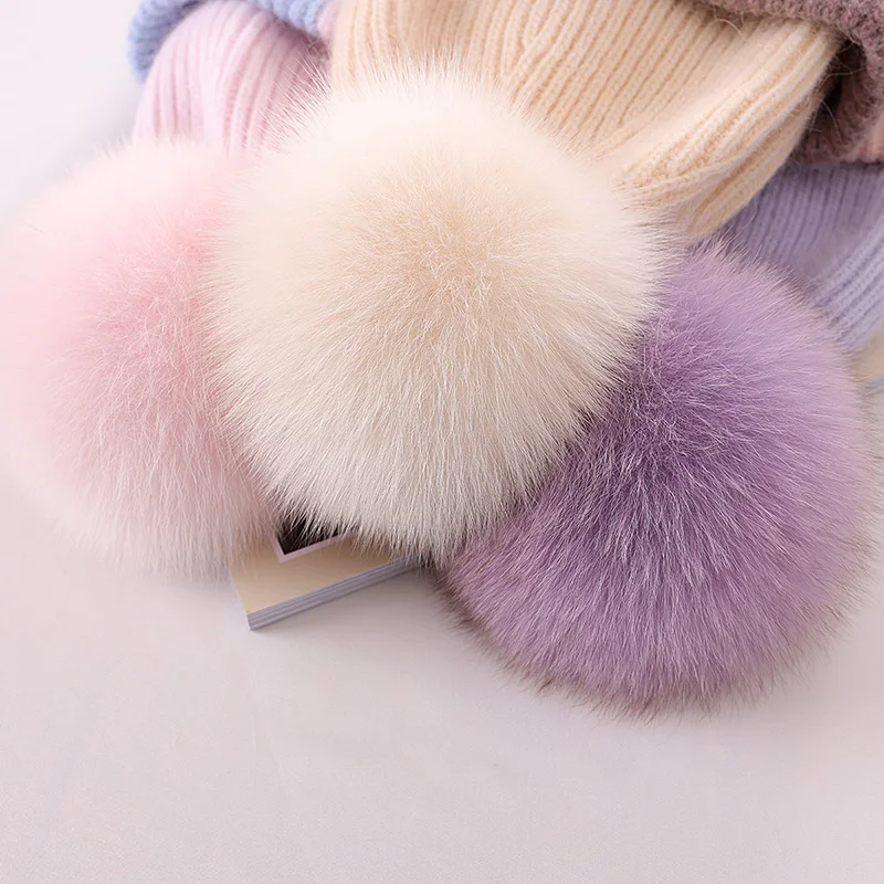 2024 New Natural fox Fur Pom Pom Hat Fashion Stitching Color Winter Hat for Girl Women Warm Beanies High Quality Fur Pompom Hat