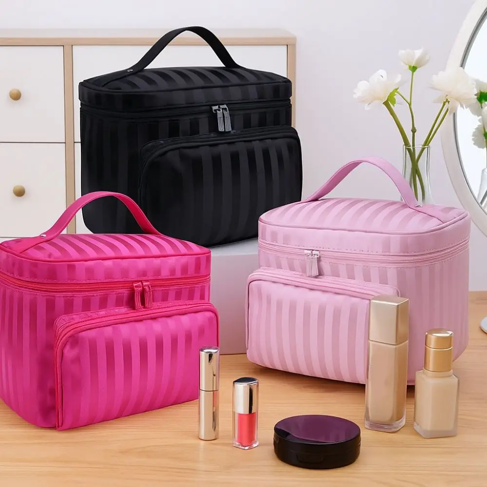 

Professional Hand-held Stripe Cosmetic Bag Large Capacity Foldable Toiletry Bag Waterproof with Zipper Makeup Bag Beauty Storage