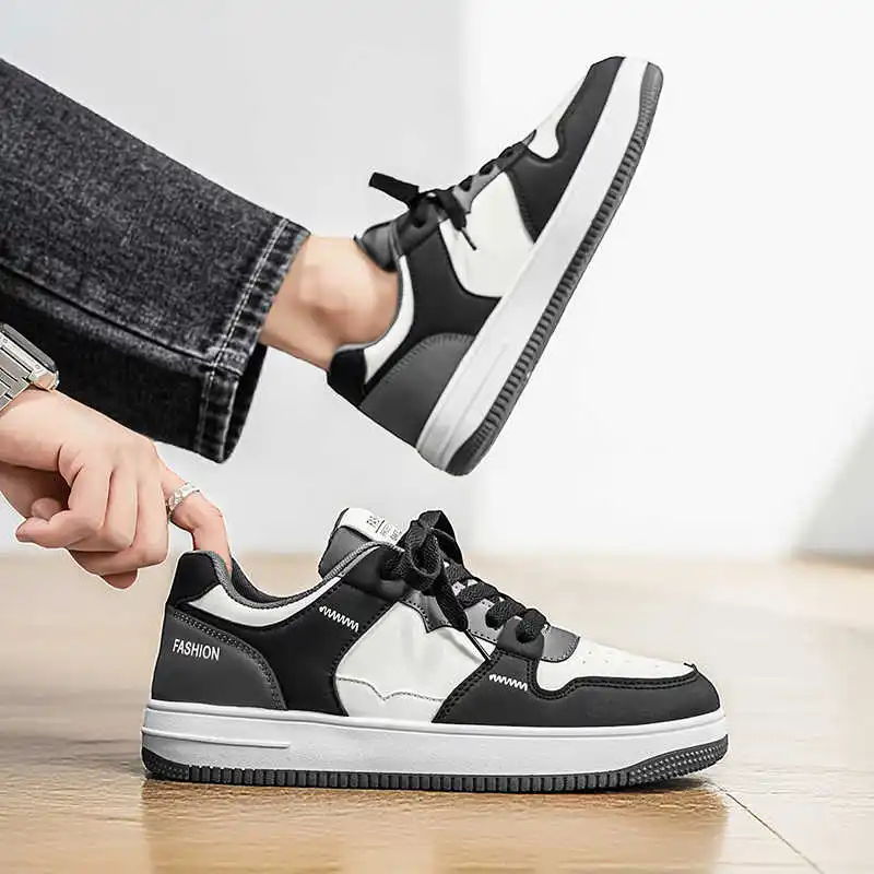 Men Breathable PU Lace-Up Vulcanized Sneakers Non-Slip Lightweight Casual Walking Sports Shoes for Outdoor Daily Wear