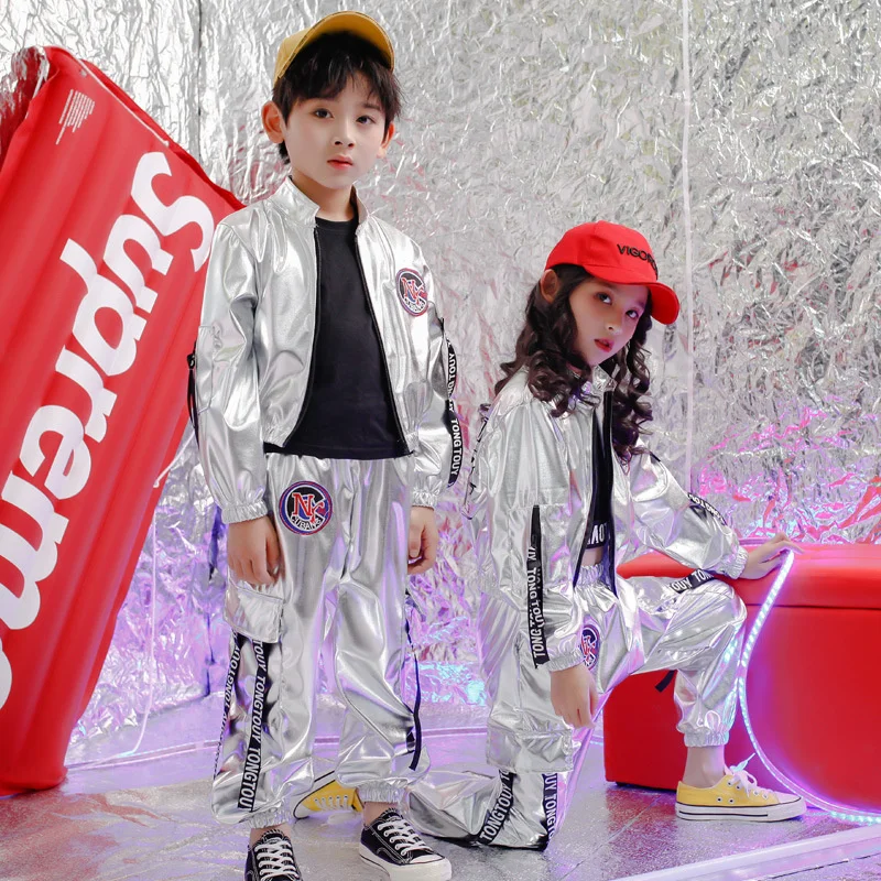 New Children Hip Hop Jazz Dance Costumes PU Silver Color Long Sleeve Jacket Coat Trousers Suit Street Dance Drum Stage Costume