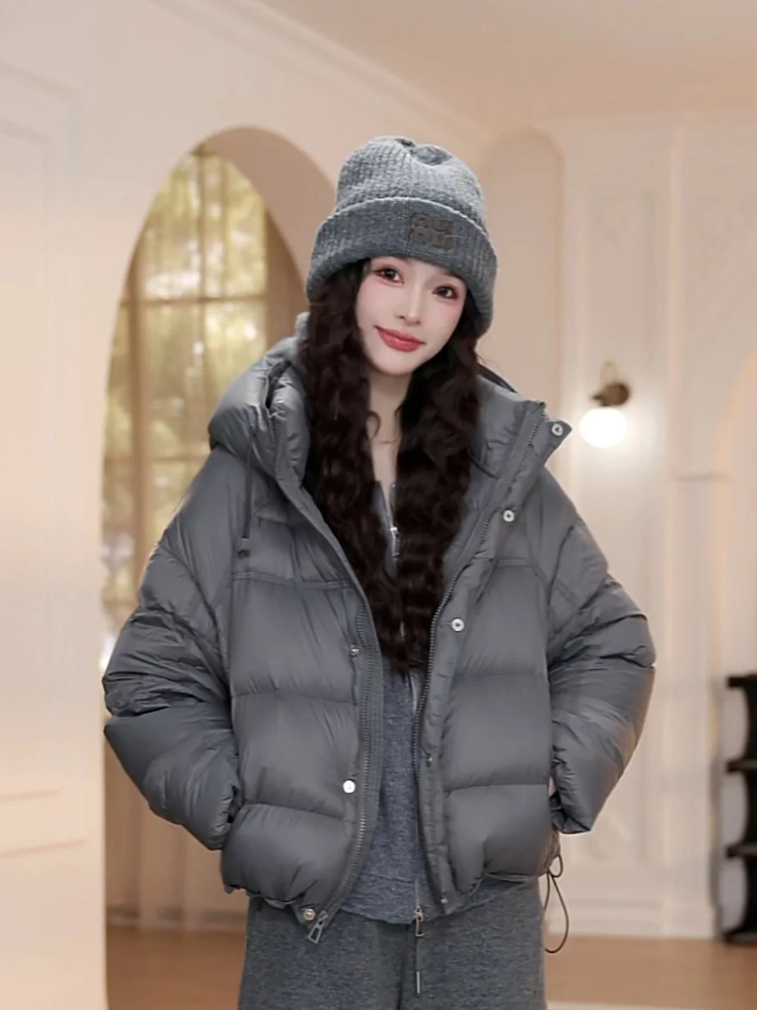 

ey Hooded Women's down Jaet Winter New Long Sve Warm Bread Sle Coat YY Studio 90% White Du down Filling Thiened