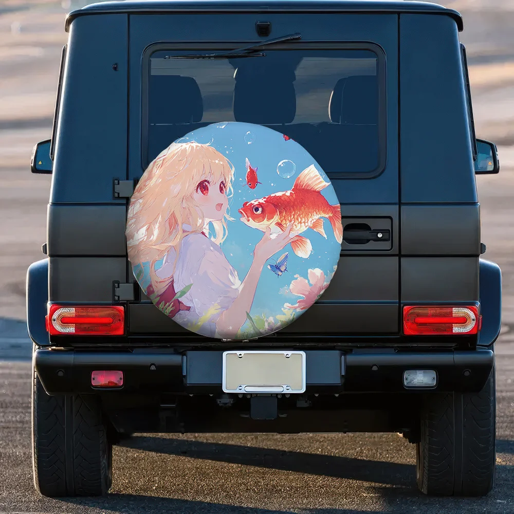 1pc Anime-Style Girl With Fish Car Tire Cover - Vibrant Polyester, No Electricity Needed, Ideal For New Year Gifts For Seaside P