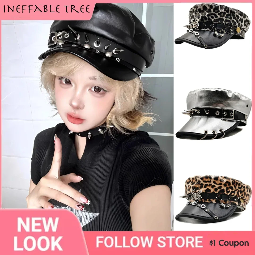 Y2K Wasteland Style Trendy Leopard Rivet Beret Pu Leather Flat Top Captain Military Caps Women's Accessories Boinas Para Hombre