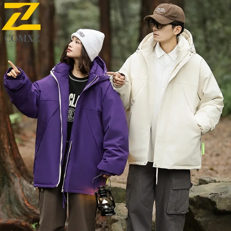 COMXZ Men Duck Down Mountain Hooded Waterproof Jacket American Style Vintage Winter cotton-padded Outdoor Sport Lightweight Coat