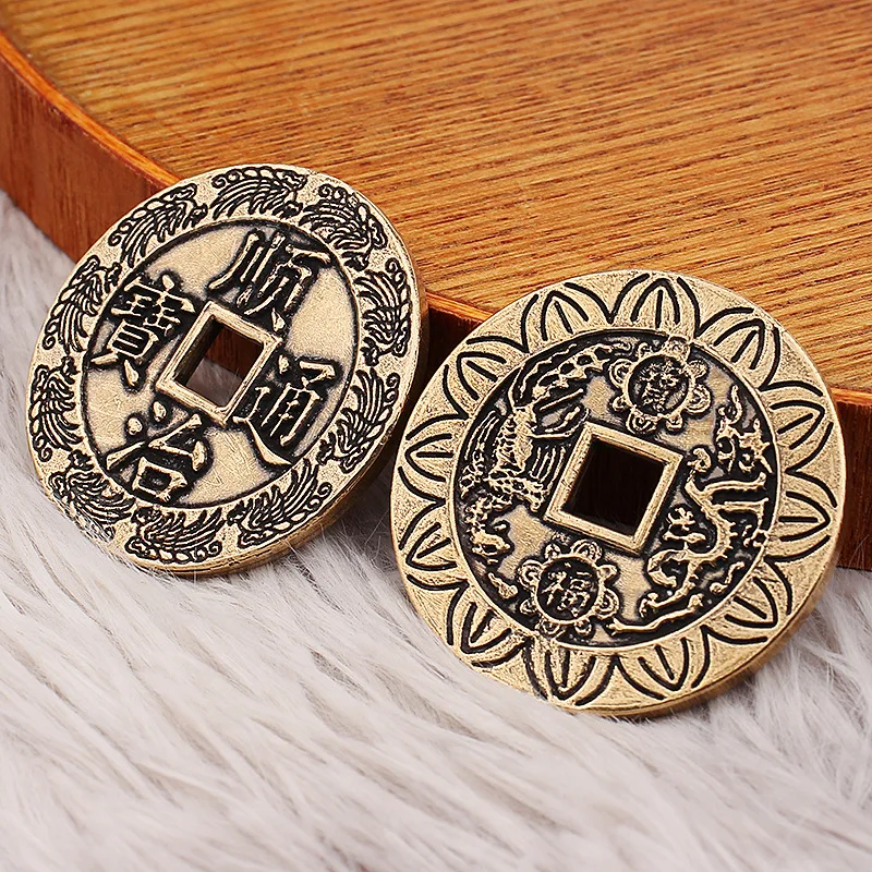 Brass Dragon and Phoenix Copper Coin Tongbao Pendant Accessory Collection Vintage Antique Kangxi Shunzhi Five Emperors Coin Meta