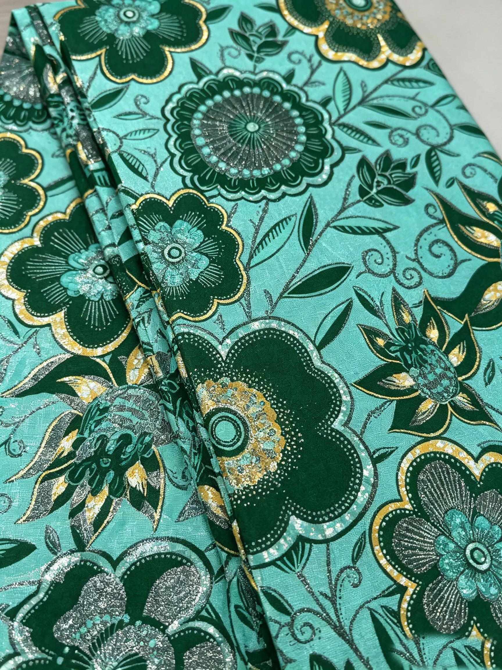 6Yards Green Floral Gold Sand Ankara Wax Fabric Batik Cloth for Dress Skirt Headwrap Wedding Outfit DIY Sewing Home Decor - view 3