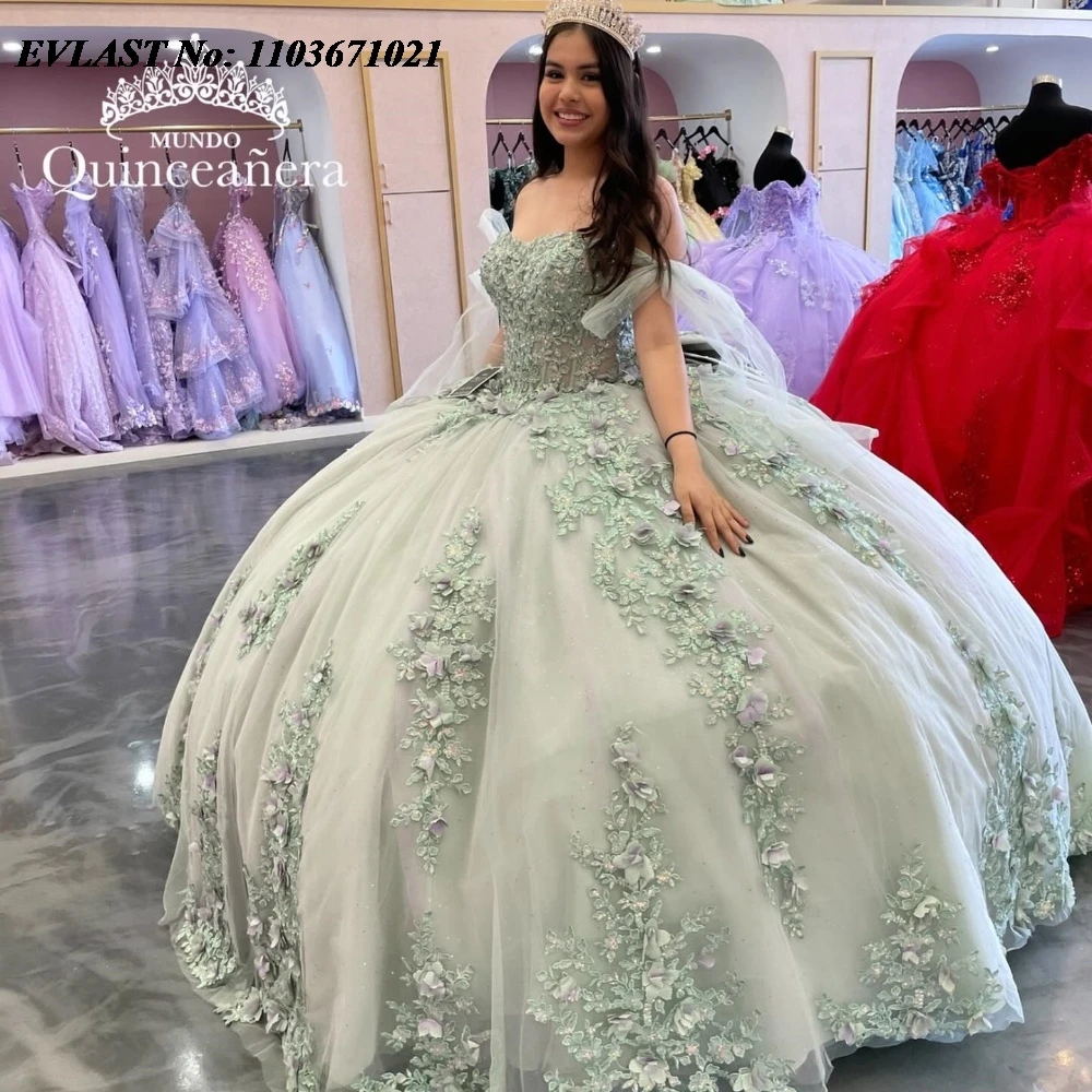 

EVLAST Sparkly Mint Quinnceanera Dress Ball Gown 3D Floral Applique Beading With Bow Corset Sweet 16 Vestidos De 15 Anos SQ704