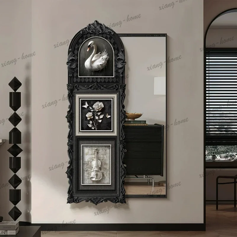 LJYMid-ancient Style Black White Push-Pull Full Length Mirror Decor Painting, Retro Hidden Dressing Mirror Wall Art Furniture